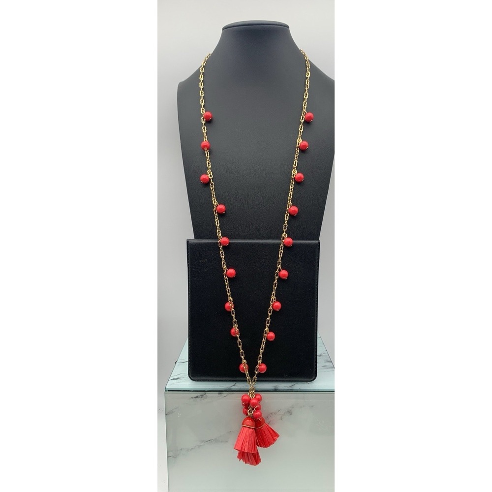 NWT Talbots Gold Tone Dangle Coral Red Beads w/Tassel Pendant 31-33" Necklace